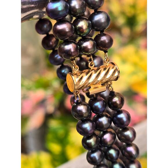 Vintage 3 Strand Peacock Majorica Faux Pearl Necklace with 14K Yellow Gold Clasp - Picture 9 of 9